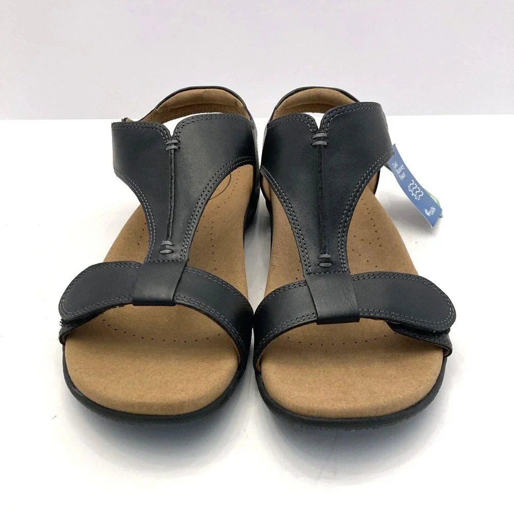 Taos The Show Sandals Black Leather T-Strap Womens 7 Padded Hook & Loop Open Toe